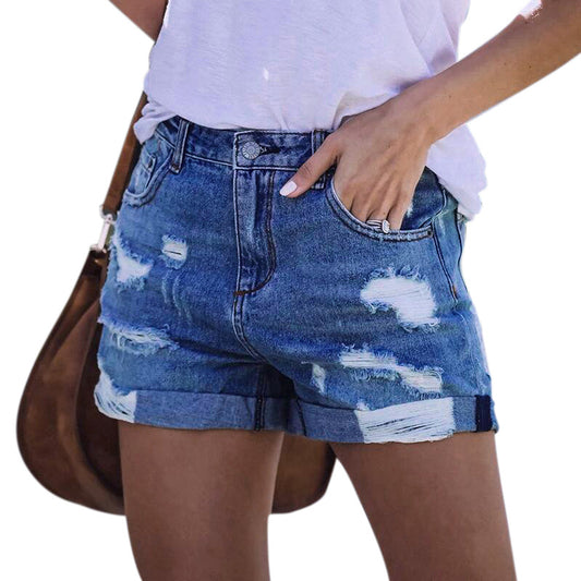 Ripped high elastic denim shorts for women