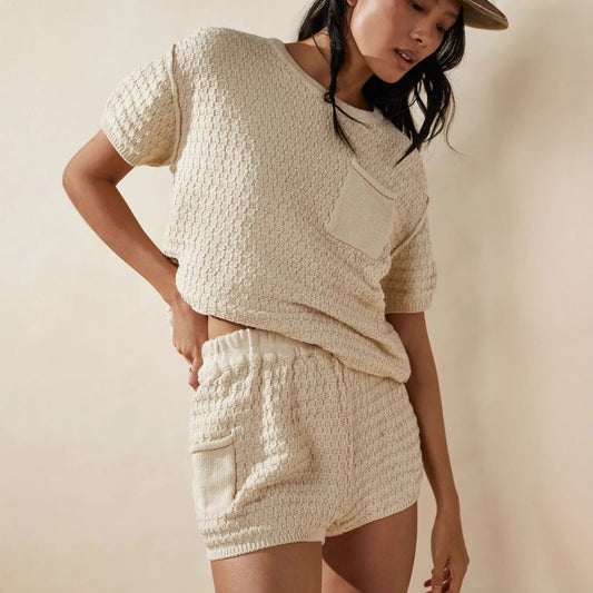 2025 Spring/Summer Pullover Pocket Home Short Sleeve Solid Color Women's Knitted Sweater