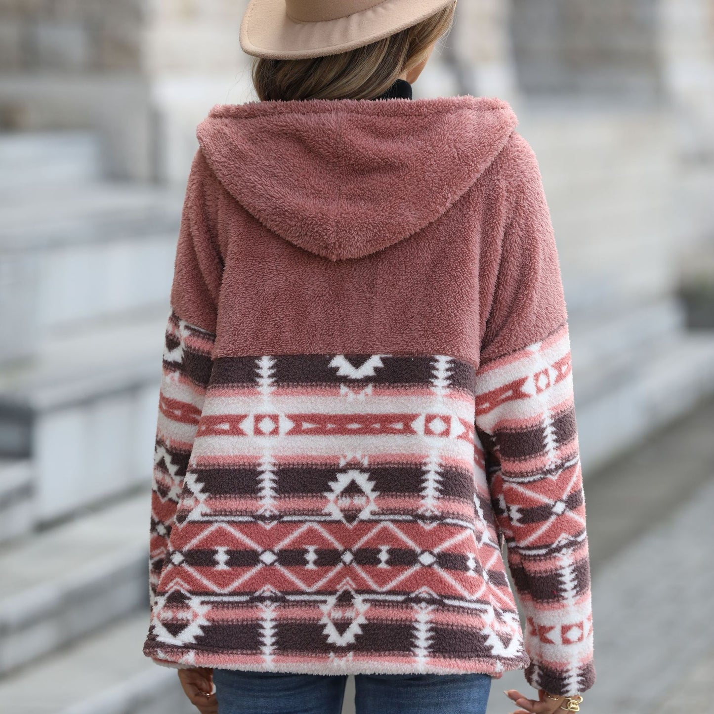 Casual women's hooded long-sleeved geometric horn button mid-length double-sided velvet jacket