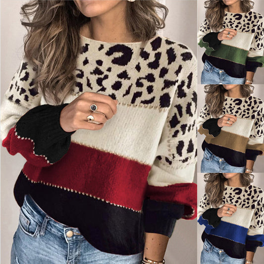 Autumn and Winter contrast color sweater women loose round neck base pullover leopard print