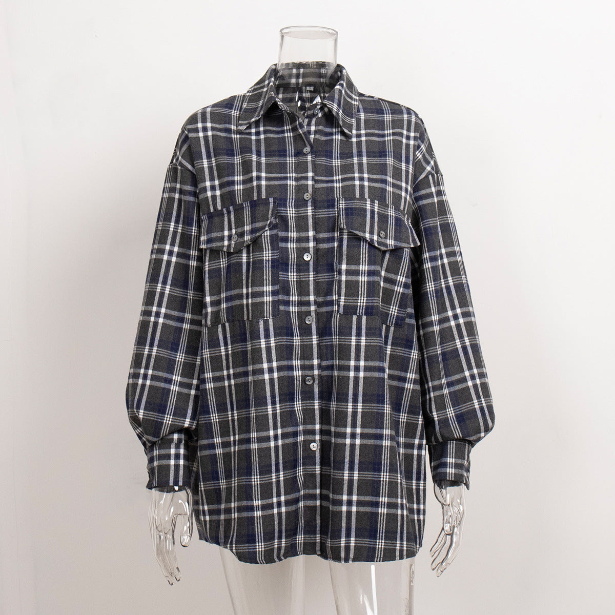 Plaid Shirt women's autumn retro double pocket striped mid-length shirt