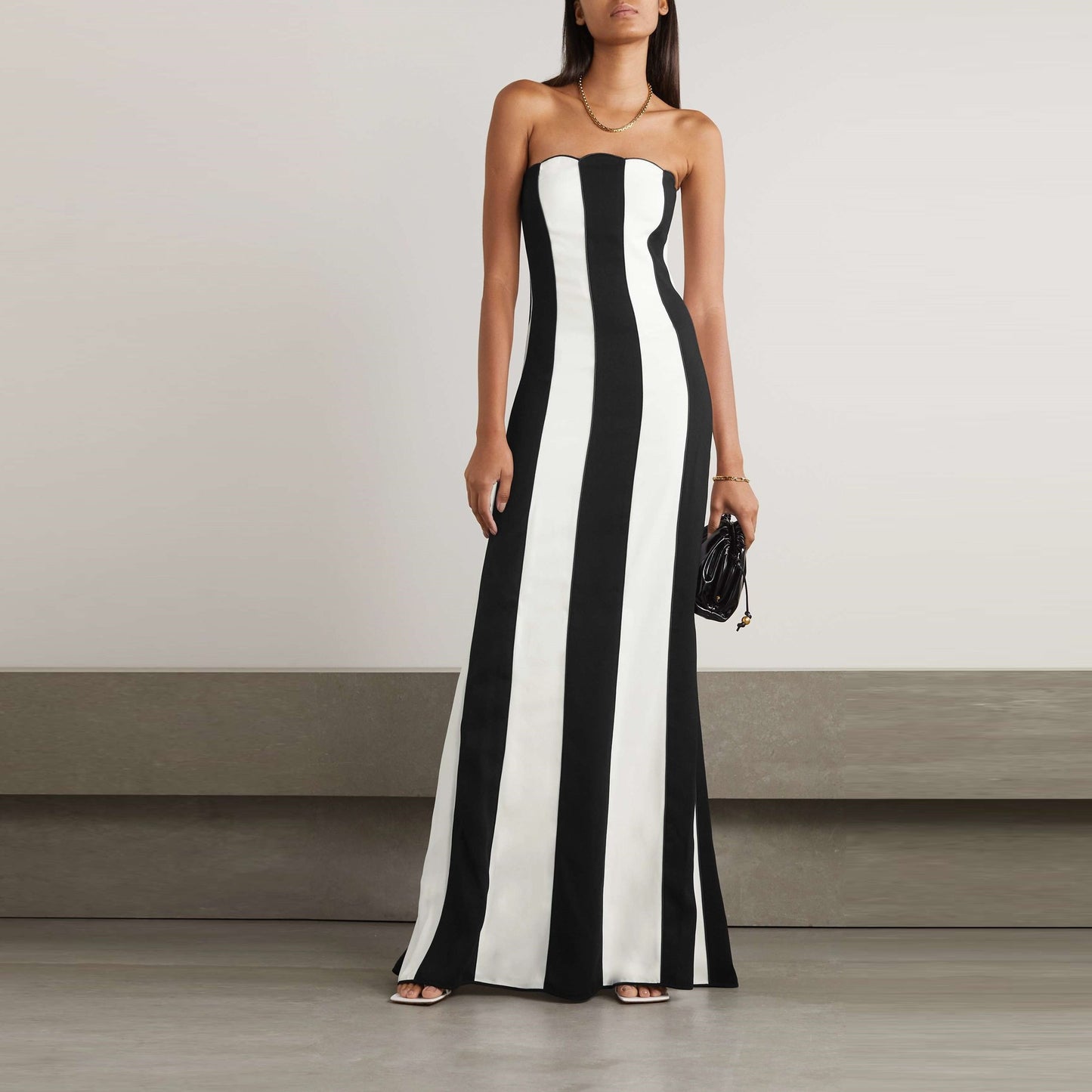 Tube Top Bandage Black And White Striped Banquet Dress