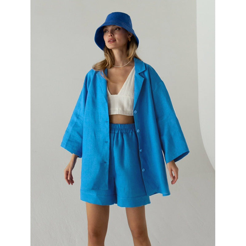 Cotton shorts suit women's lapel loose single-breasted Shirt high waist straight pants two-piece set