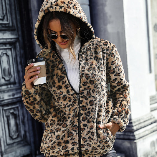 Women's leopard print stud for autumn and winter printed hooded loose zip plush cardigan jacket