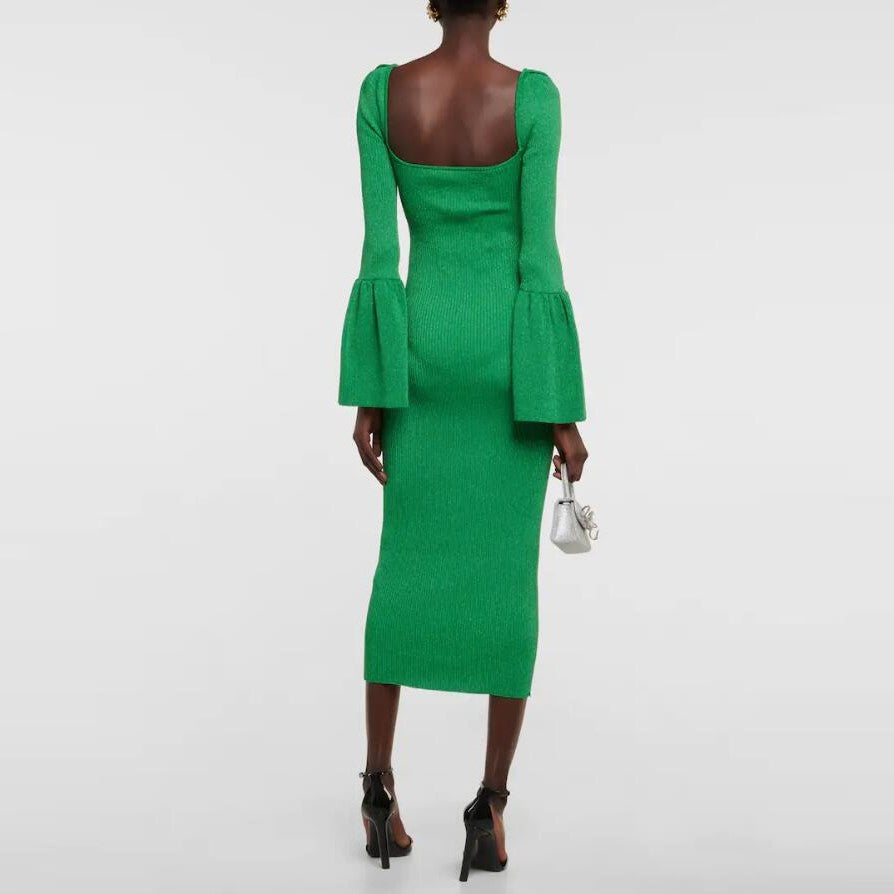 Diamond Bead Wool Knitted Elegant Stacked Sleeves Green Dress