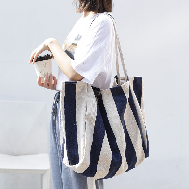 Retro literary handbag simple small fresh striped canvas bag casual fashion large capacity shoulder women's bag