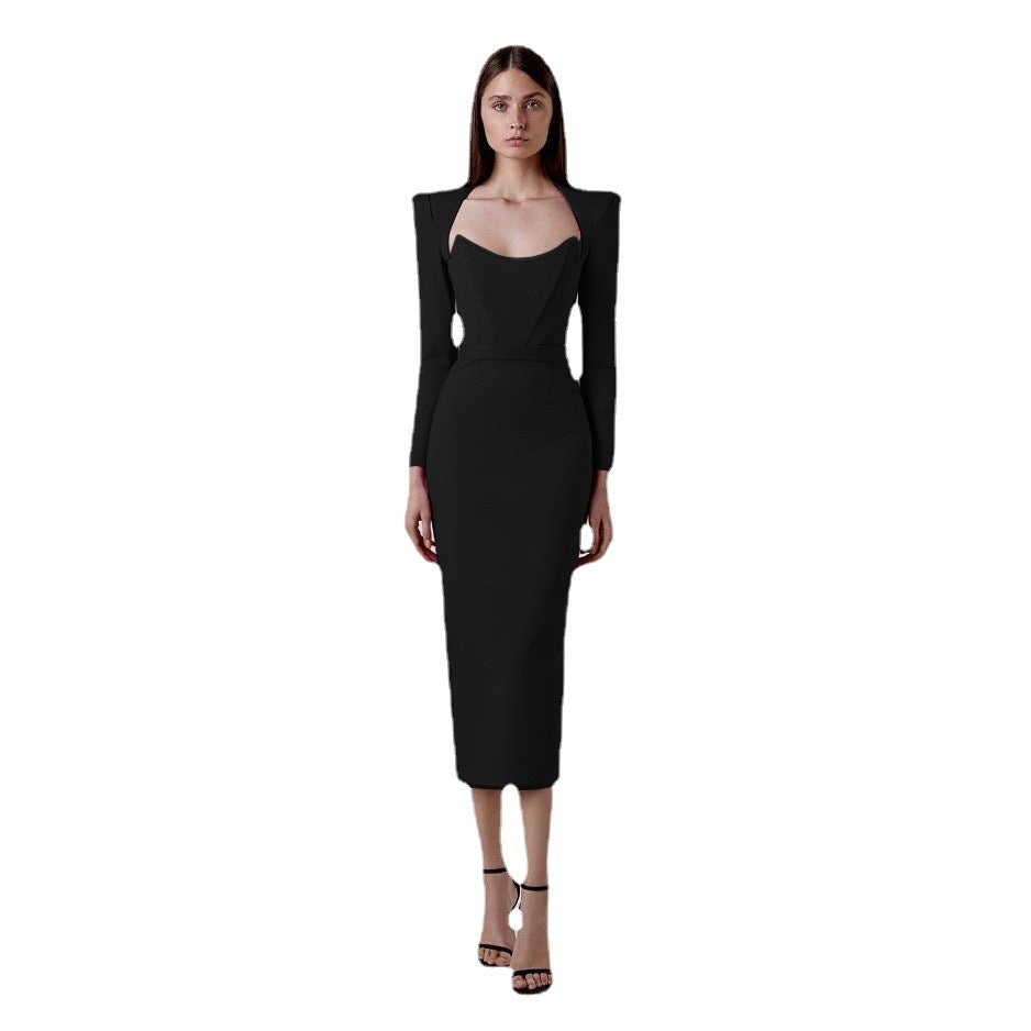 Spring temperament square neck horn shoulder long sleeve bandage dress