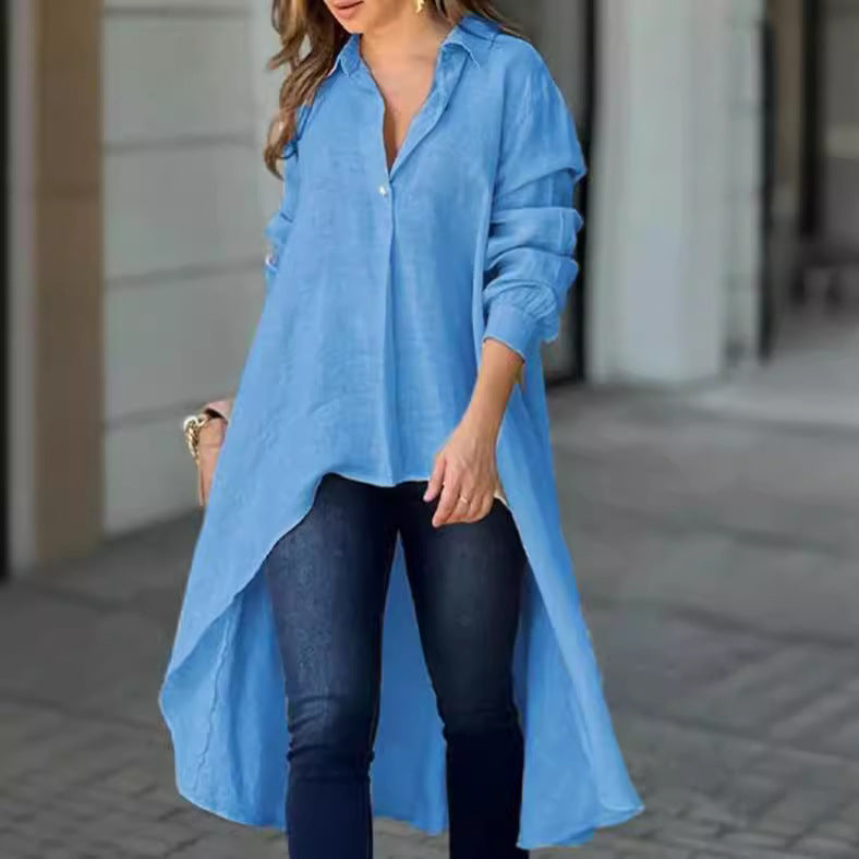 Autumn women's top elegant long sleeve fashion solid color loose lapels shirt Women