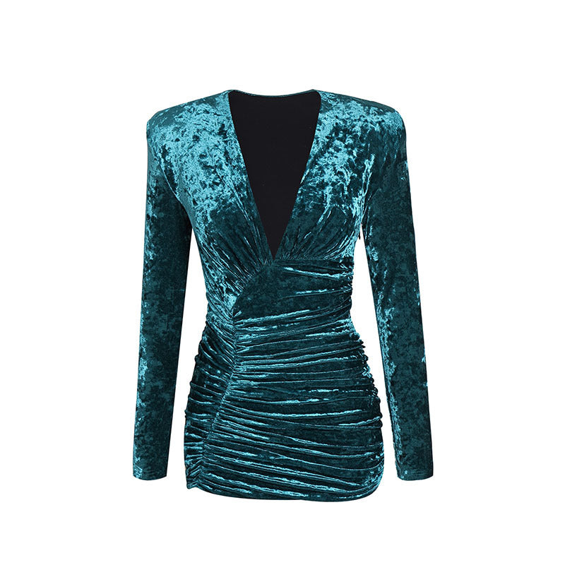 Sexy Deep V Long Sleeve Right Shoulder Pleated Velvet Dress