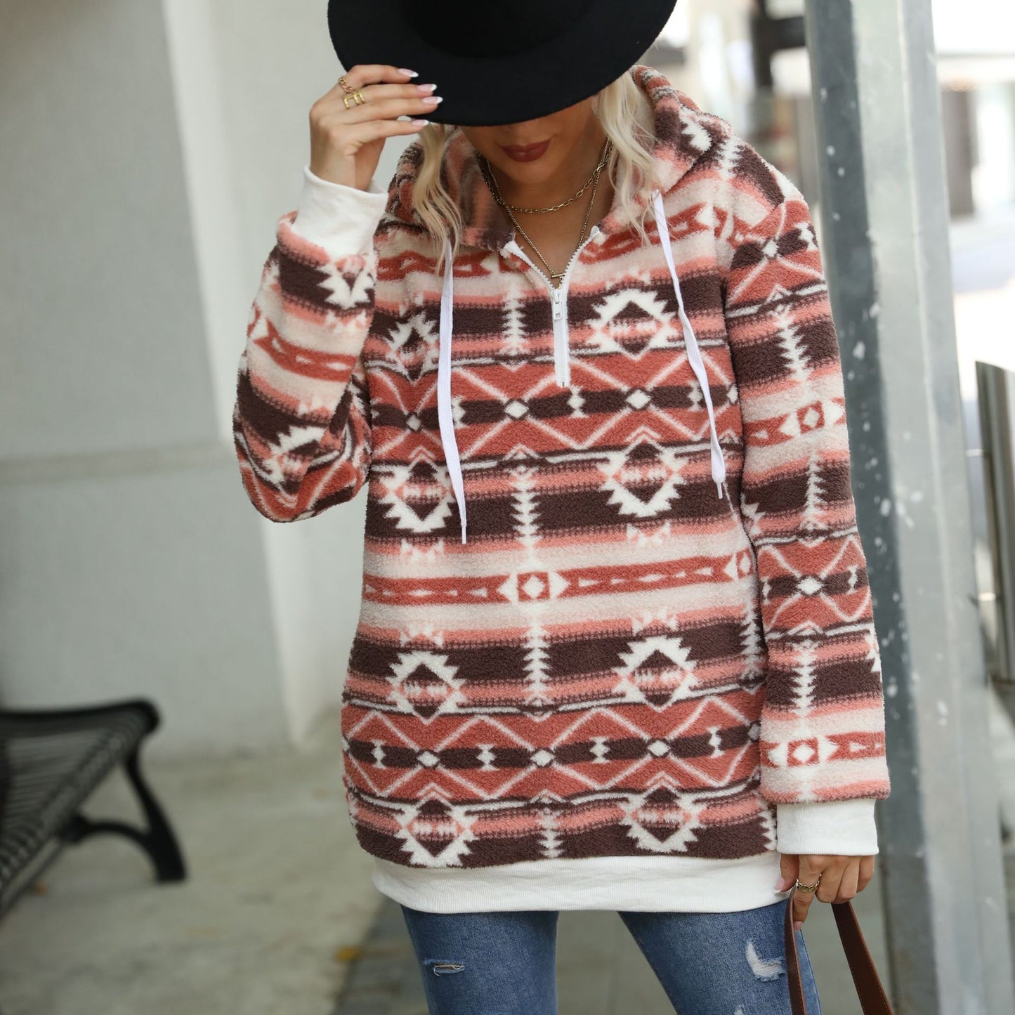 Geometric pattern printed plush loose hooded half zipper pullover sweater for women