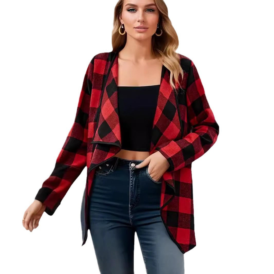 Autumn and Winter woolen coat elegant trench coat women Plaid contrast color coat