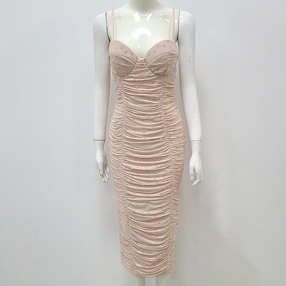 Straps Tulle Hot Drilling Elegant Pleated Bandage Dress