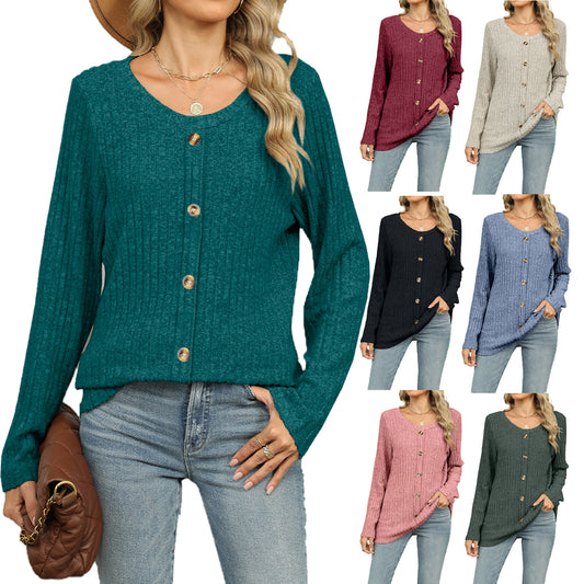 Spring and Autumn single-breasted round neck long-sleeved T-shirt loose top women's pullover sweater