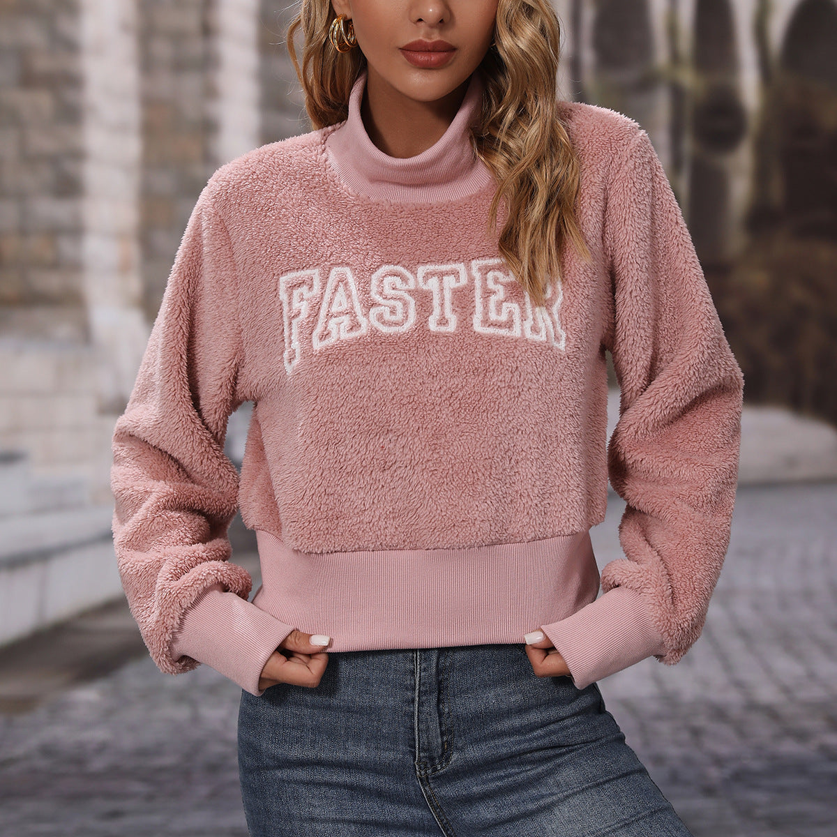 Autumn women's round-neck pullover long sleeve alphabet embroidery pink sweatshirt