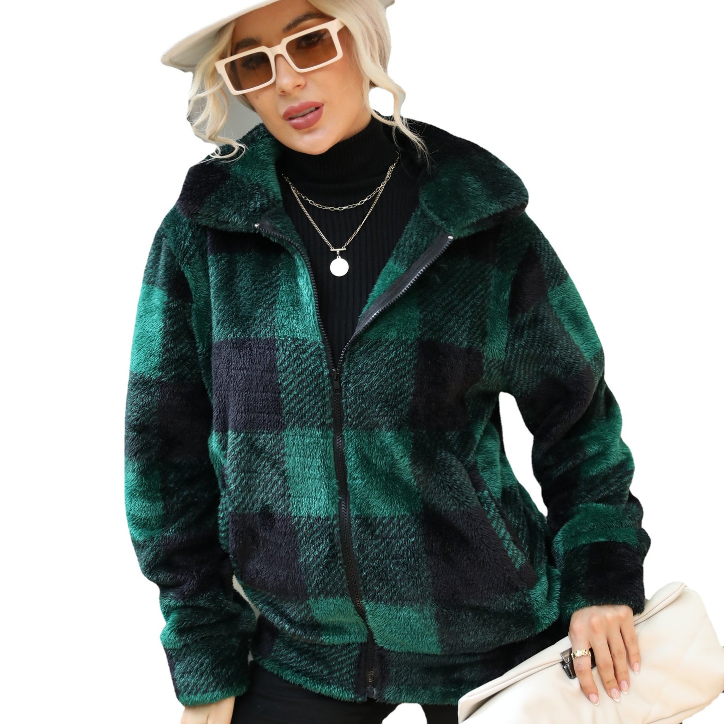 Women's autumn and winter clothing long sleeve stand collar plaid printed mid-length zipper double-sided plush coat