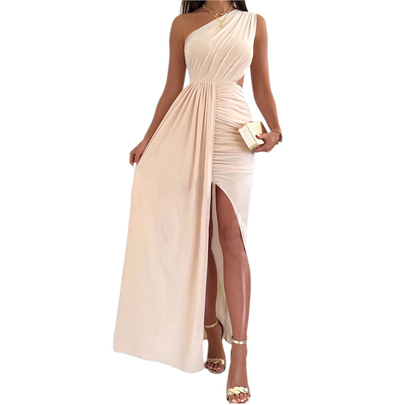 Solid color dress skirt European and American elegant style single shoulder hollow pleated split waist skirt