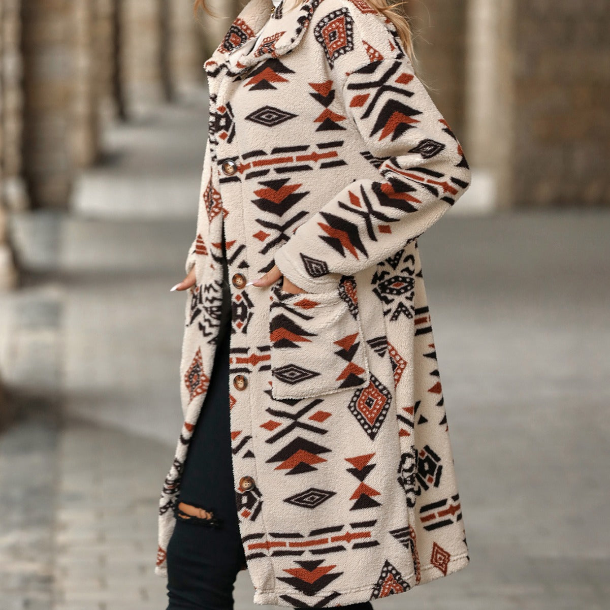 boho autumn and winter women's single-breasted ethnic print plush long overcoat outerwear（2025）