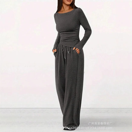 Women's Drawstring Pocket Solid Color 2-piece Set Long Sleeve Top Straight Casual Pants