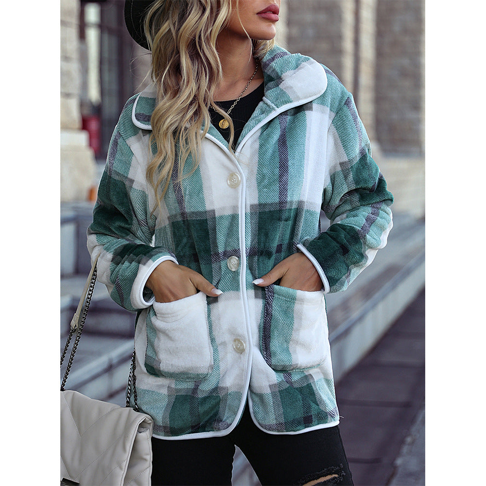 Autumn and winter women's lapel long sleeve single-breasted edge sealing sable fur printed plaid casual coat