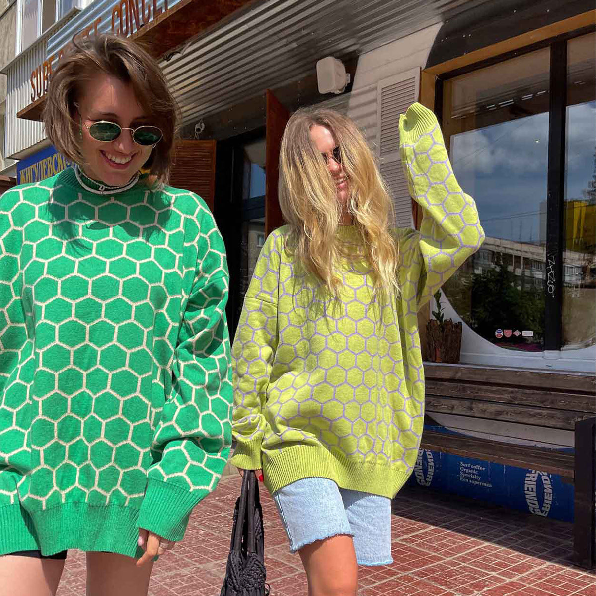 Round neck honey sweater autumn and winter loose plaid pullover round neck knitted women's top