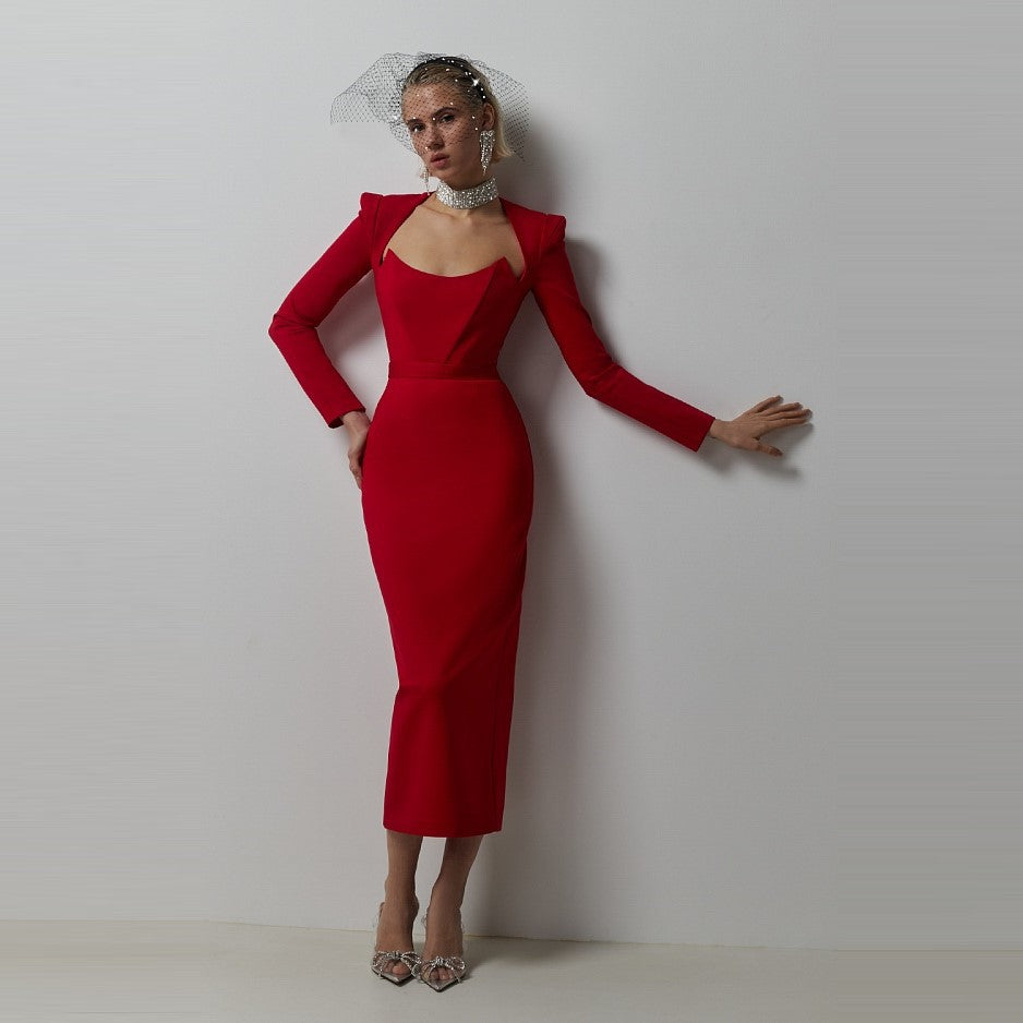 Spring temperament square neck horn shoulder long sleeve bandage dress