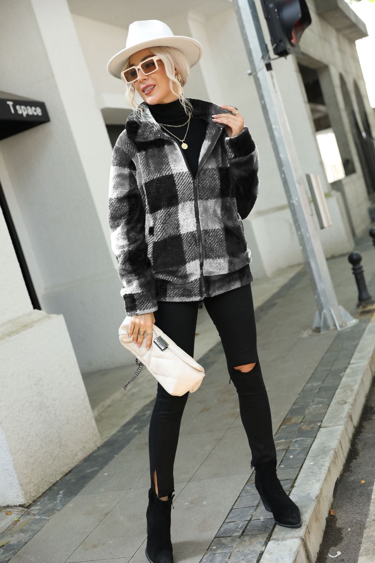 Women's autumn and winter clothing long sleeve stand collar plaid printed mid-length zipper double-sided plush coat