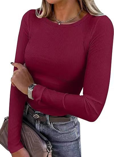 New women's long-sleeved round neck ribbed stretch T-shirt Slim fit casual bottoming solid color top