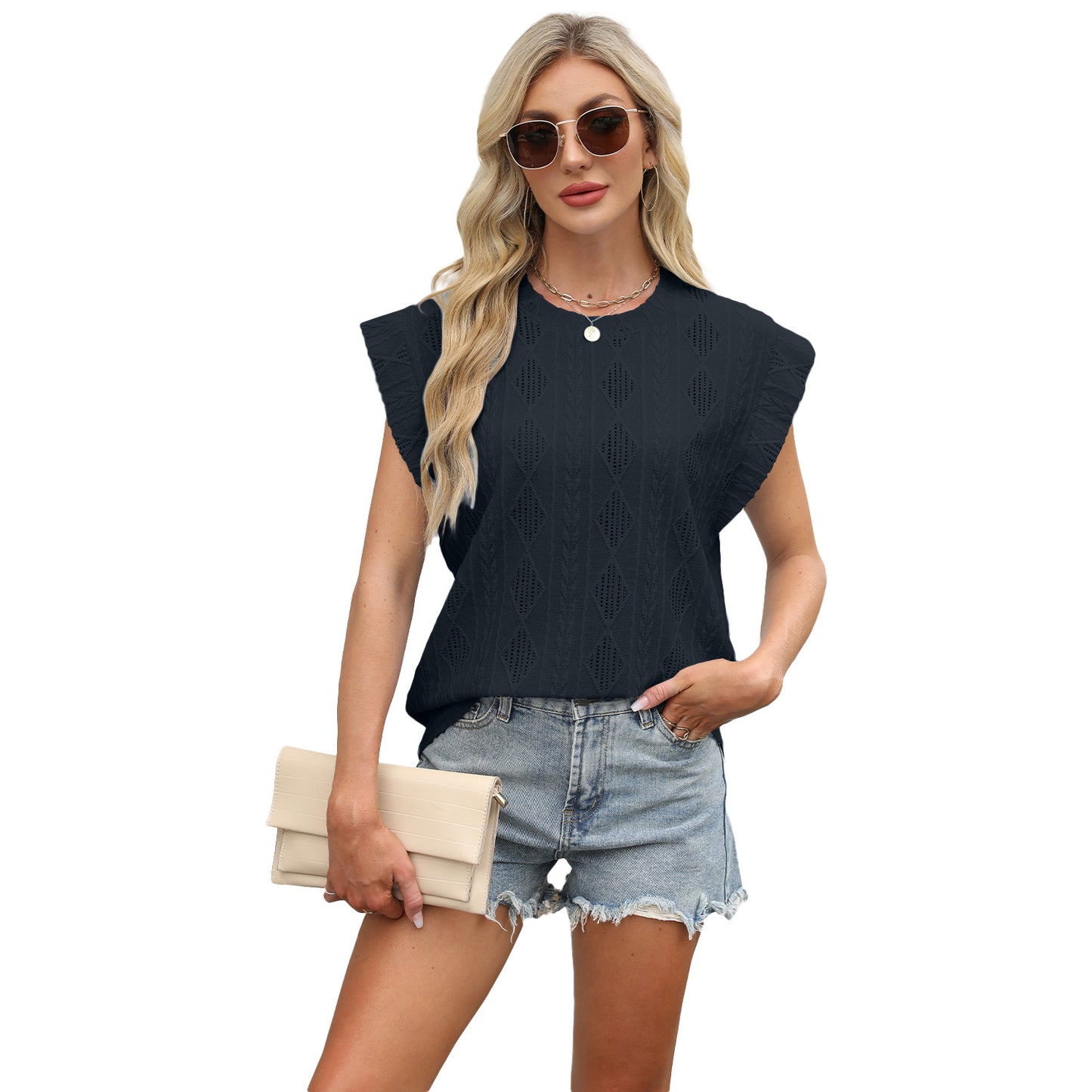 Spring and summer new round neck loose short-sleeved T-shirt jacquard top vest women