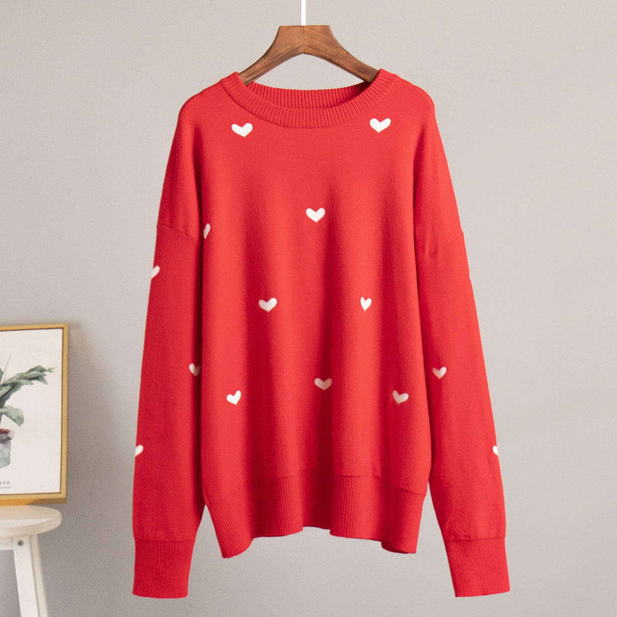 Heart printing sweater 2024 autumn and winter commute leisure round neck knitted pullover sweater women