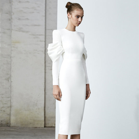 Elegant Women White Long Sleeve Party Evening Midi Dress