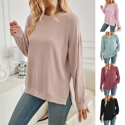 Autumn and winter women's shirt wave striped loose casual long sleeves slit sweater