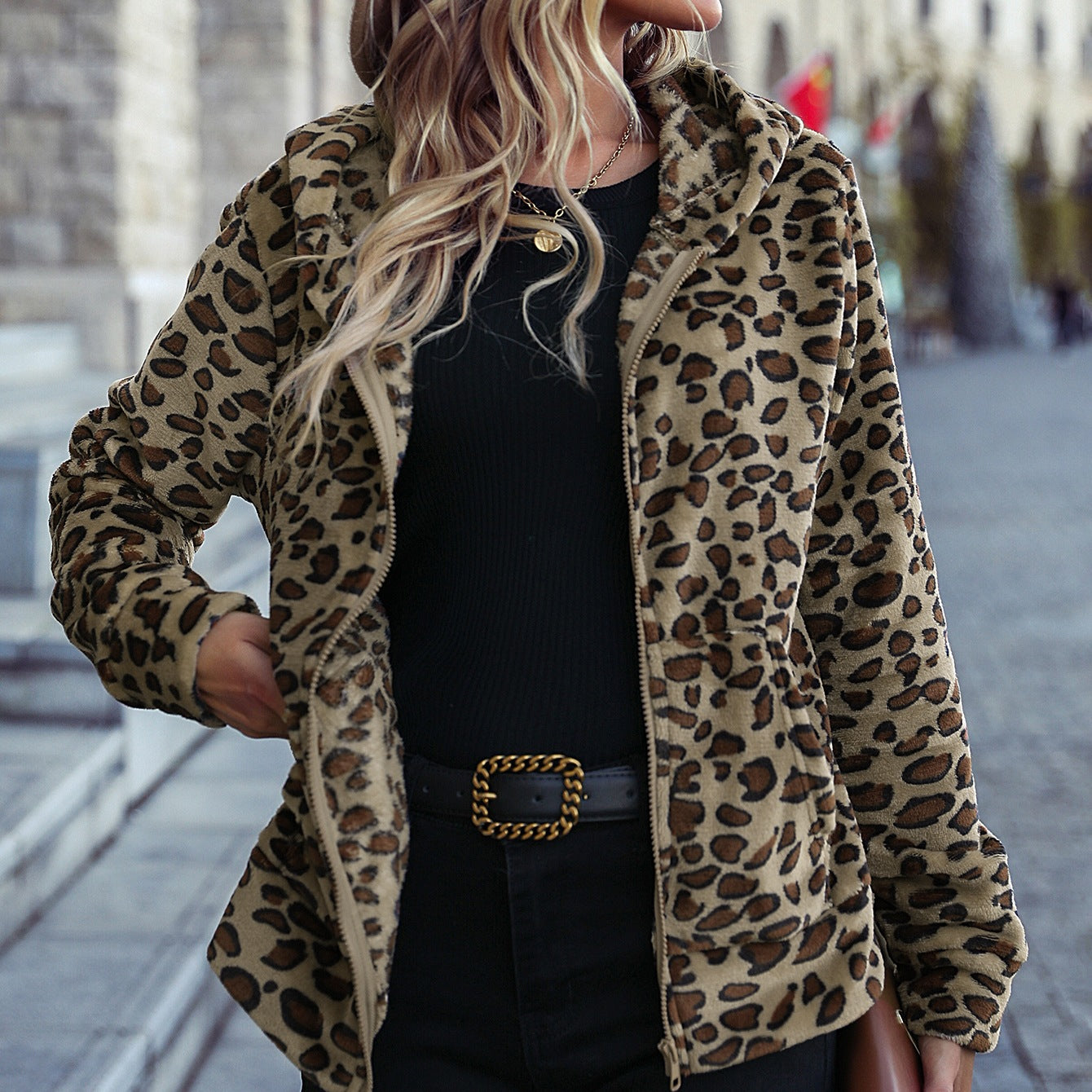 Autumn winter women's wear hooded long sleeve loose zip animal pattern flannel casual coat