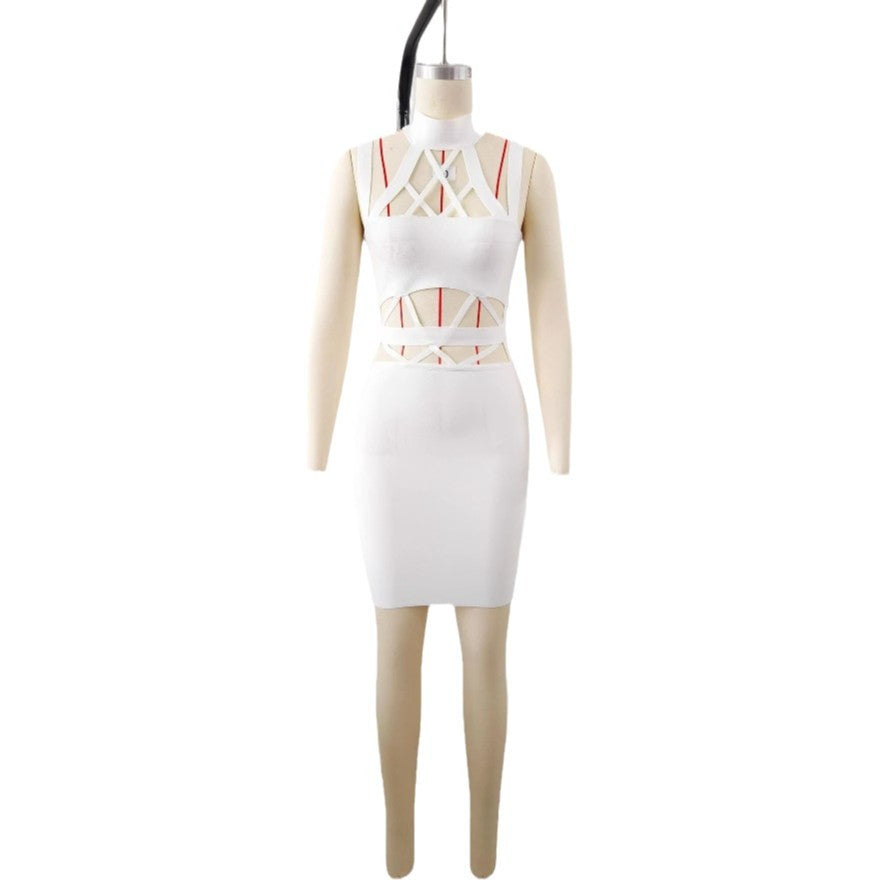 Women's autumn sexy cutout knitted white suspender dresses Bandage dress