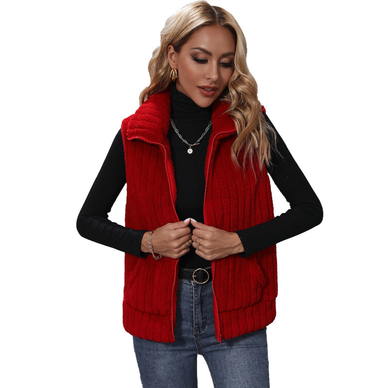 Women's autumn clothing lapel sleeveless loose striped zipper plush casual vest coat