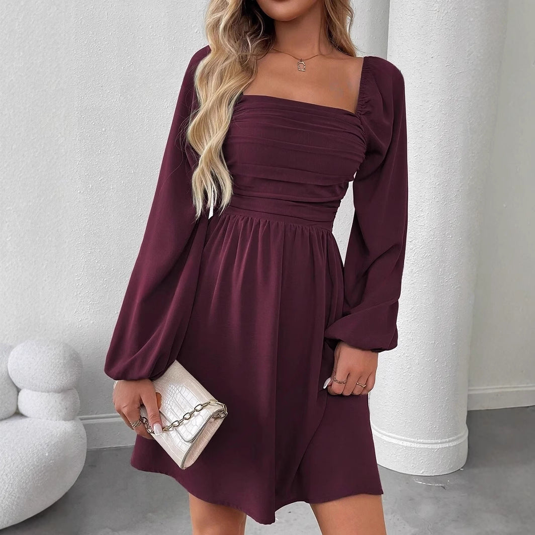 Women's Elegant Solid Color Lantern Long Sleeve Pleated High Waist Dress