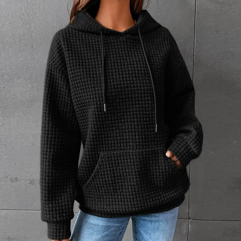 Autumn and winter women's hoodies waffle round neck long-sleeved sweater solid color top for women