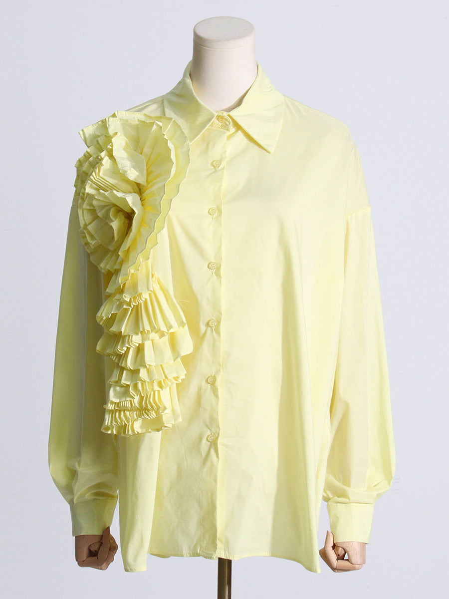 Spring 2024 New French fashion design stitching pleated three-dimensional flower versatile casual shirt long sleeve top