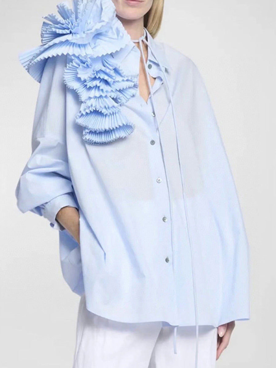 Spring 2024 New French fashion design stitching pleated three-dimensional flower versatile casual shirt long sleeve top