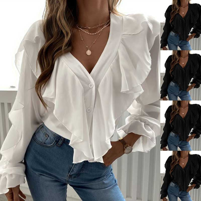 Spring and Autumn women's V-neck flounce top shirt long sleeve