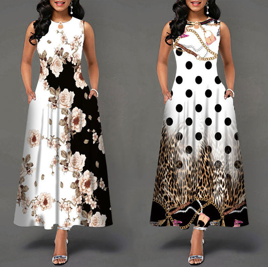 Sleeveless long dress female positioning print big swing skirt bohemian retro long skirt