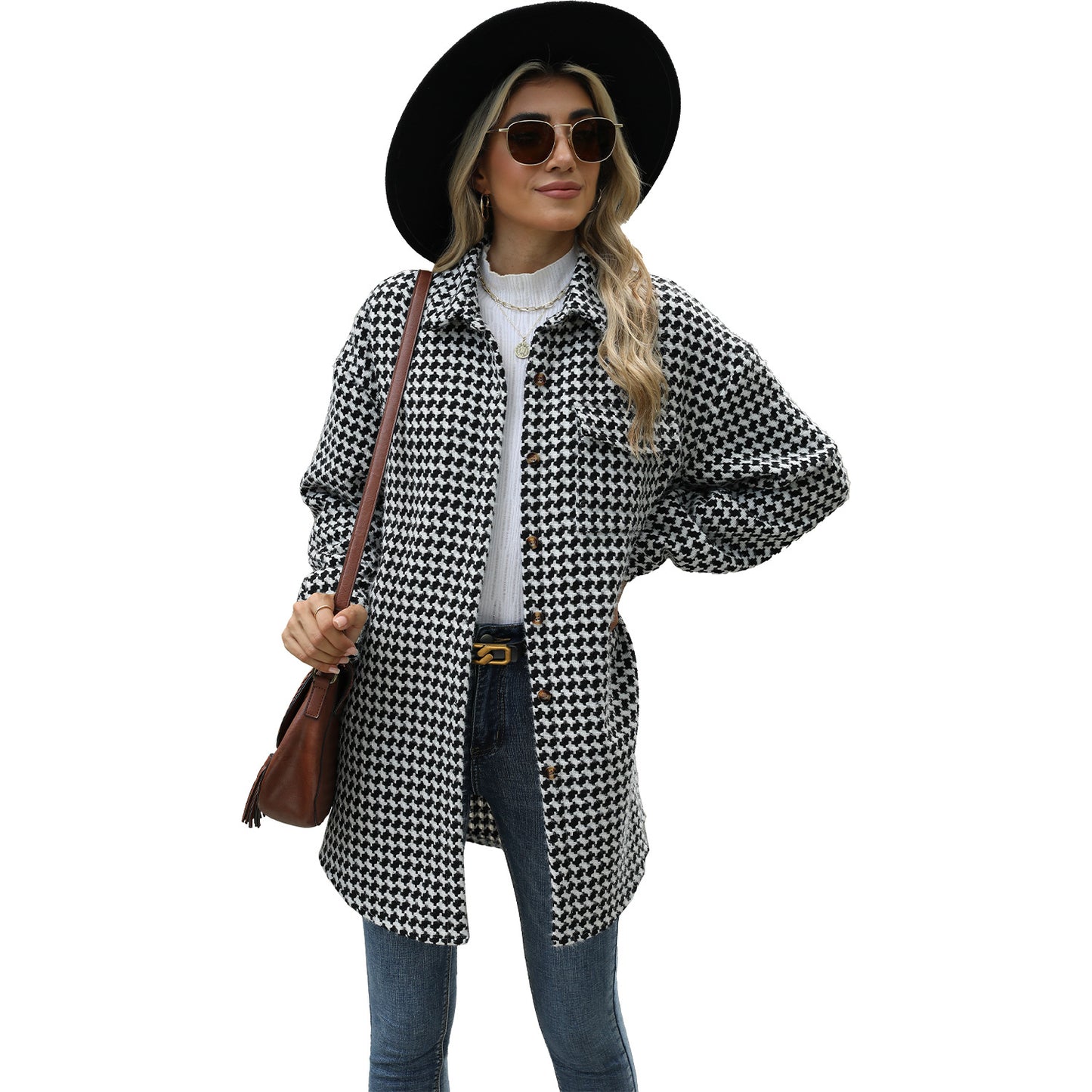 Autumn and Winter houndstooth polo collar top mid-length woolen coat for women