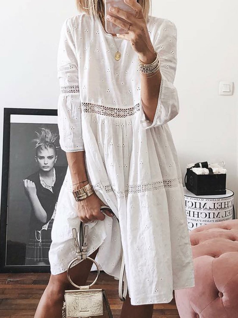 Lace splicing hollow embroidery seven-quarter sleeve dress large size cross-border dress