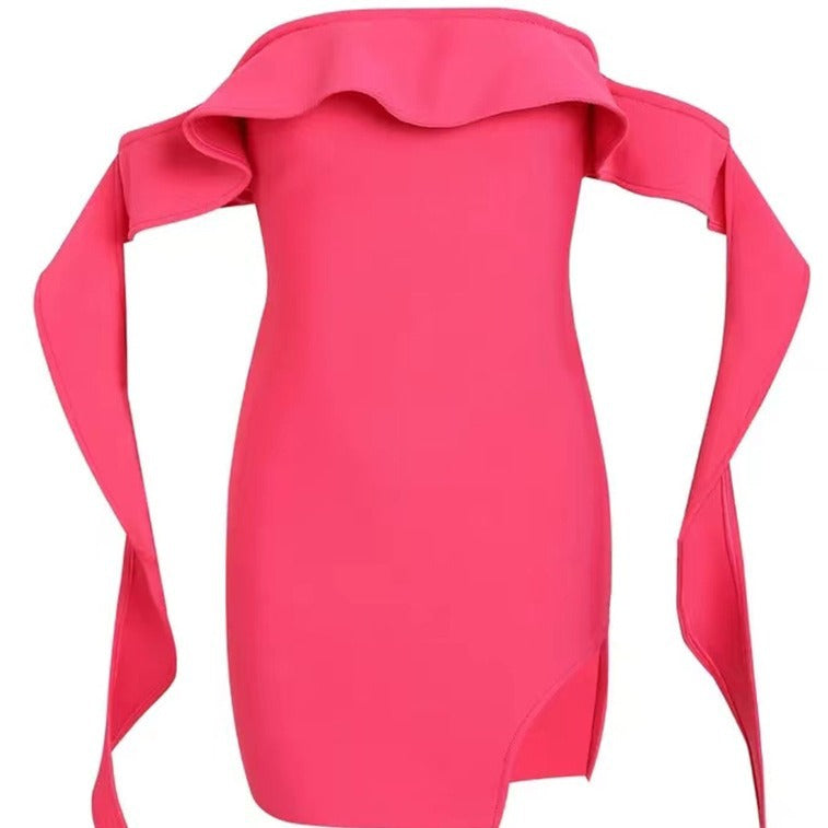 French Style Off-Shoulder Ruffled Rose Red Evening Bandage Dress