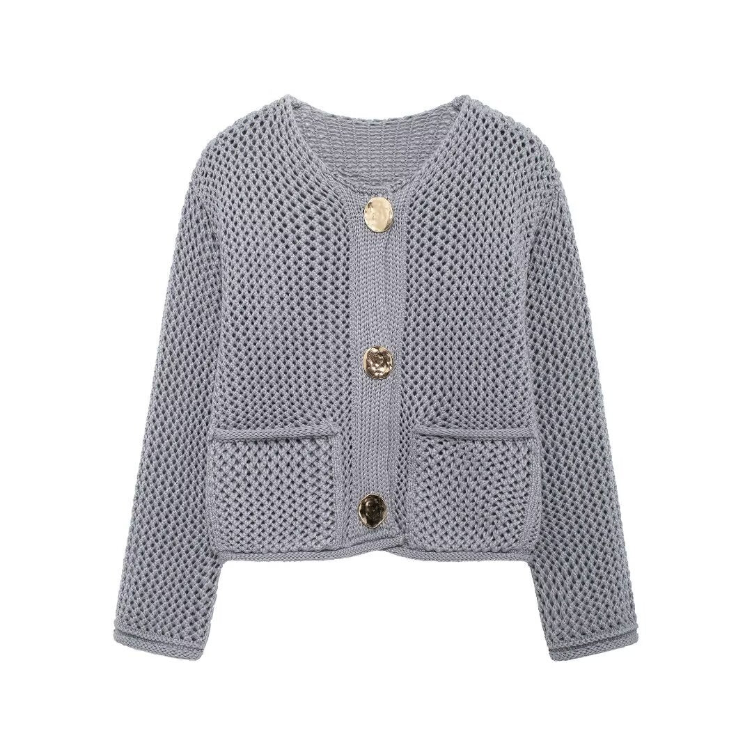 Women's autumn winter round neck hollow out thick needle long sleeve sweater coat