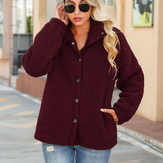 Women's autumn clothing round neck long sleeve stitching breasted mid-length double-sided bubble fleece coat