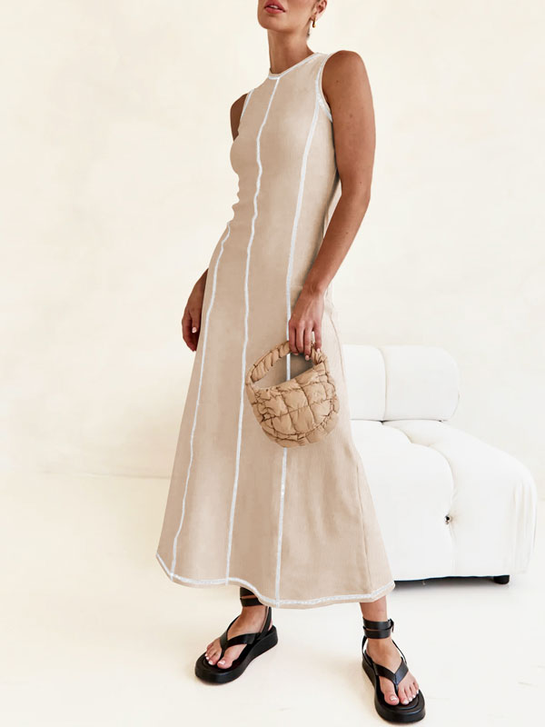 Contrast Stitch Ribbed Knit Tank Maxi Dresses