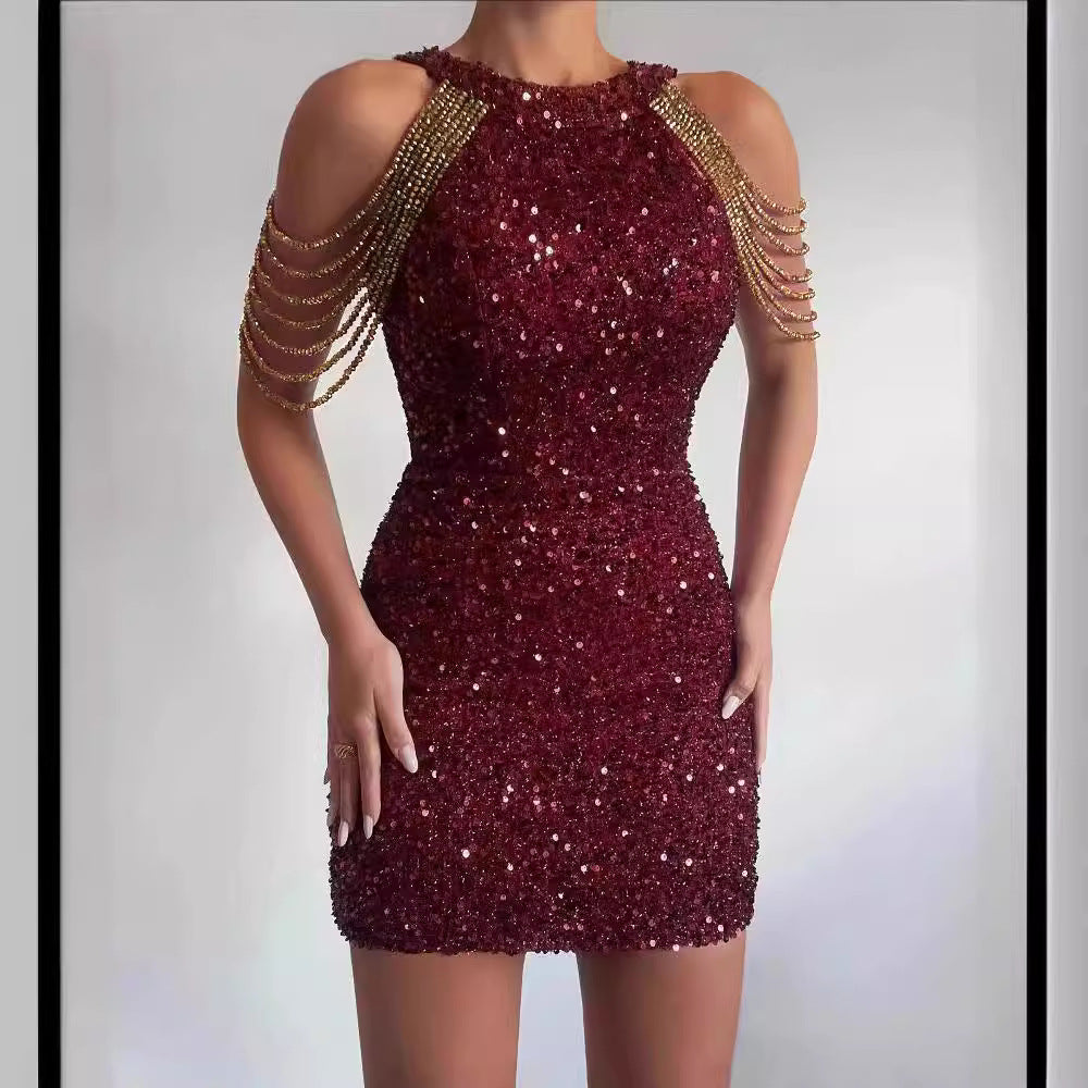 Fashion neck sexy crystal chain hip wrap sequins European and American dress mid waist evening dress