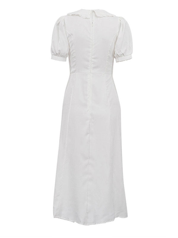 French Puff Sleeve Midi White Dress