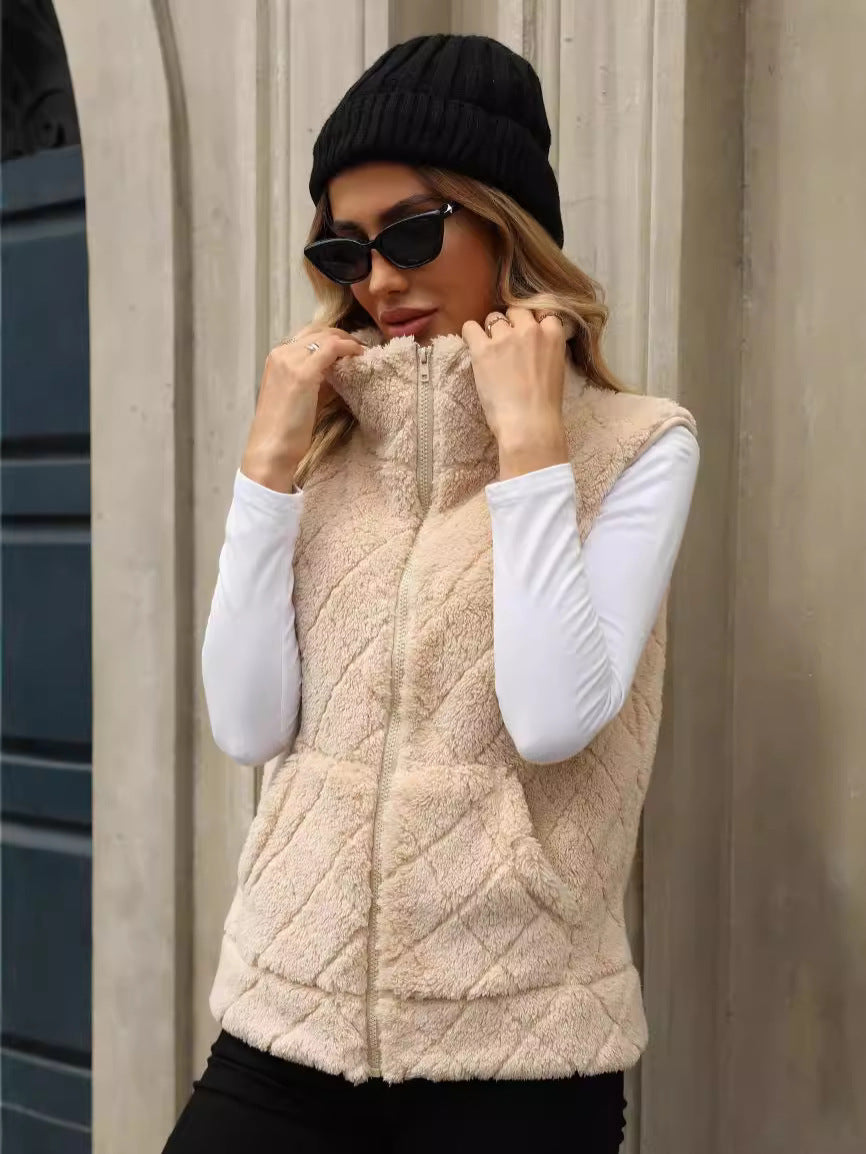 Women's clothing autumn and winter cardigan loose zip diamond lattice coat plush vest（2025）