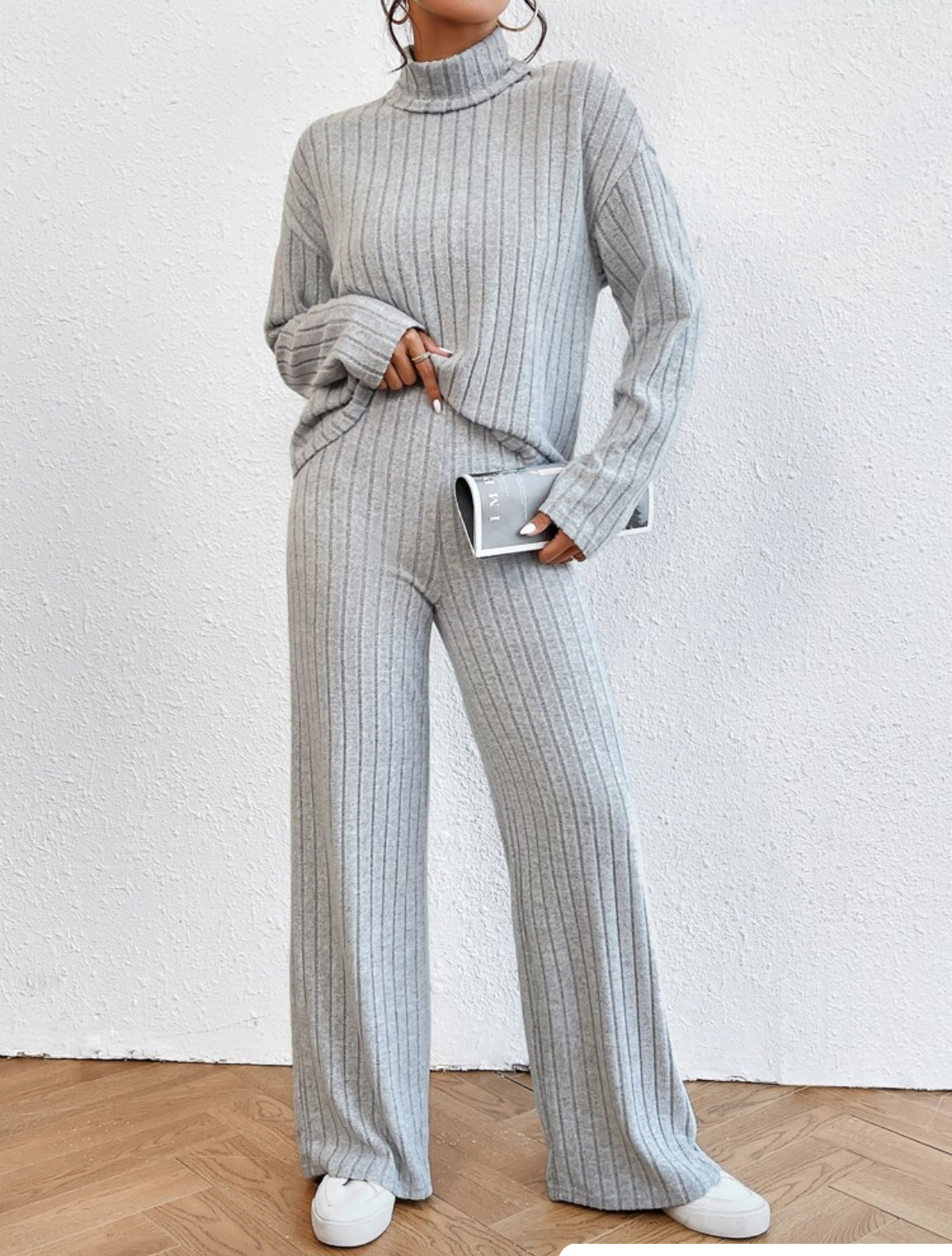 Autumn and Winter solid color turtleneck long sleeve sunken stripe loose wide leg pants home wear two-piece suit